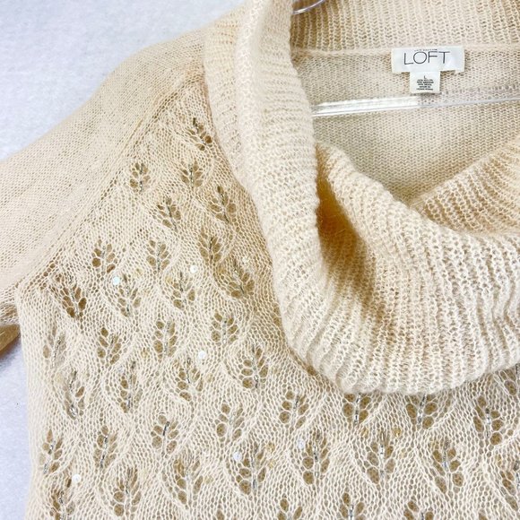 THE LOFT Womens L Cream Soft Knit Crochet Cowl Neck Long Sleeve Sweater Top - Picture 2 of 12